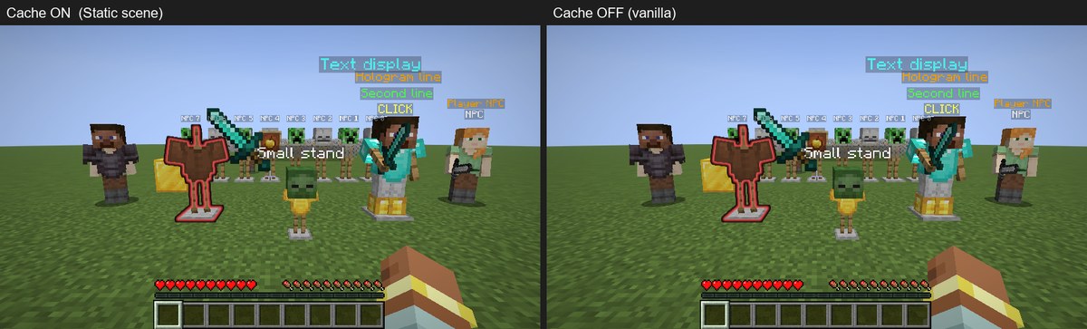 The same scene with Entity Keepsake on and off, side by side, looking the same