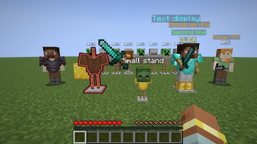 A crowd of armor stands, hologram lines, player NPCs, item frames and display entities