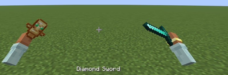 Both hands visible in first person, holding a diamond sword and a totem